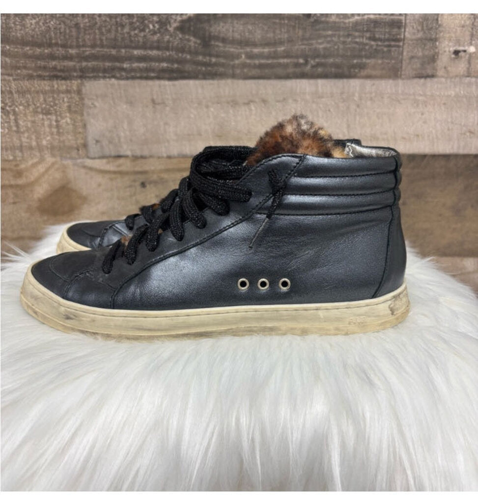 P488 Black Leather & Faux Fur High Top Sneakers