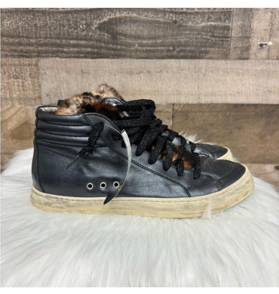 P488 Black Leather & Faux Fur High Top Sneakers