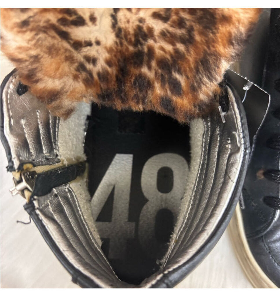 P488 Black Leather & Faux Fur High Top Sneakers