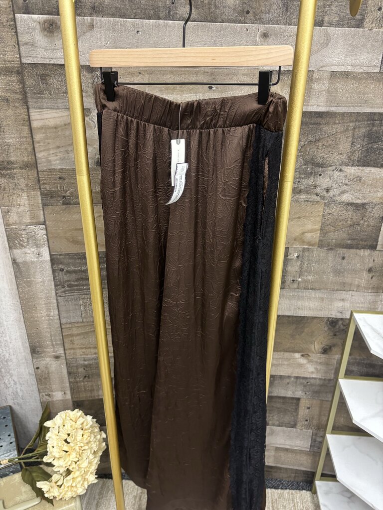 NWT Anthropologie Brown Satin Pants w/Black Lace Trim