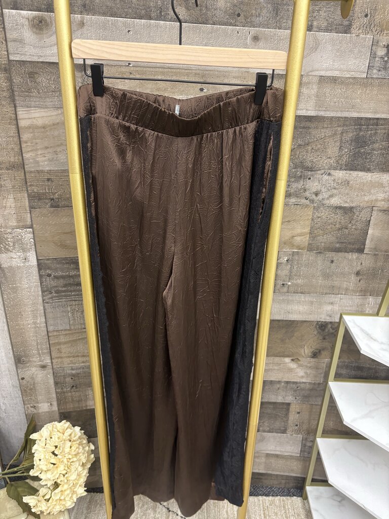 NWT Anthropologie Brown Satin Pants w/Black Lace Trim