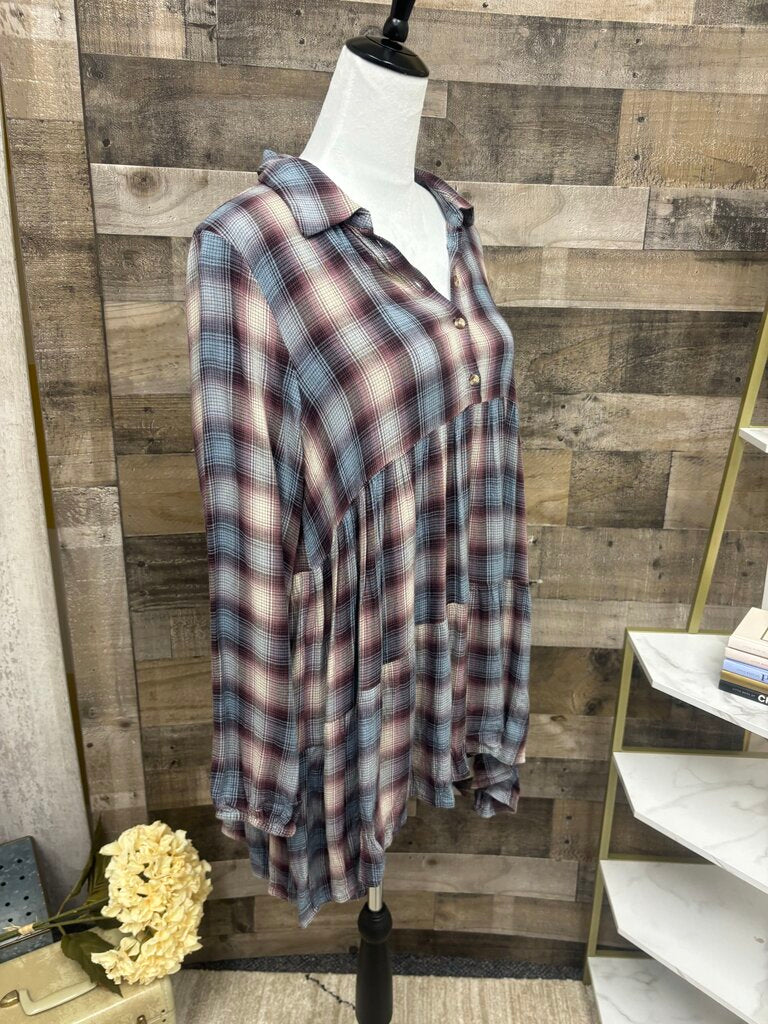 Lucky Brand Lt Blue & Burgundy Flannel Plaid Tunic