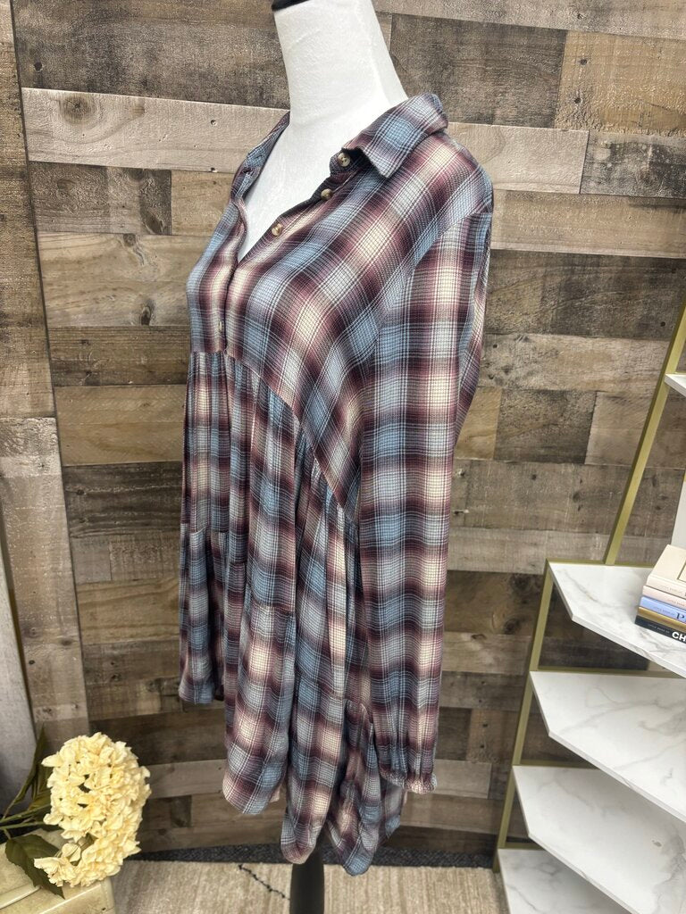 Lucky Brand Lt Blue & Burgundy Flannel Plaid Tunic