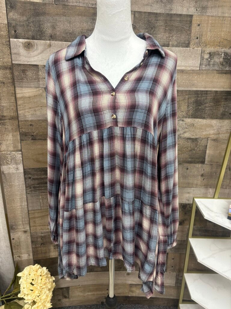 Lucky Brand Lt Blue & Burgundy Flannel Plaid Tunic