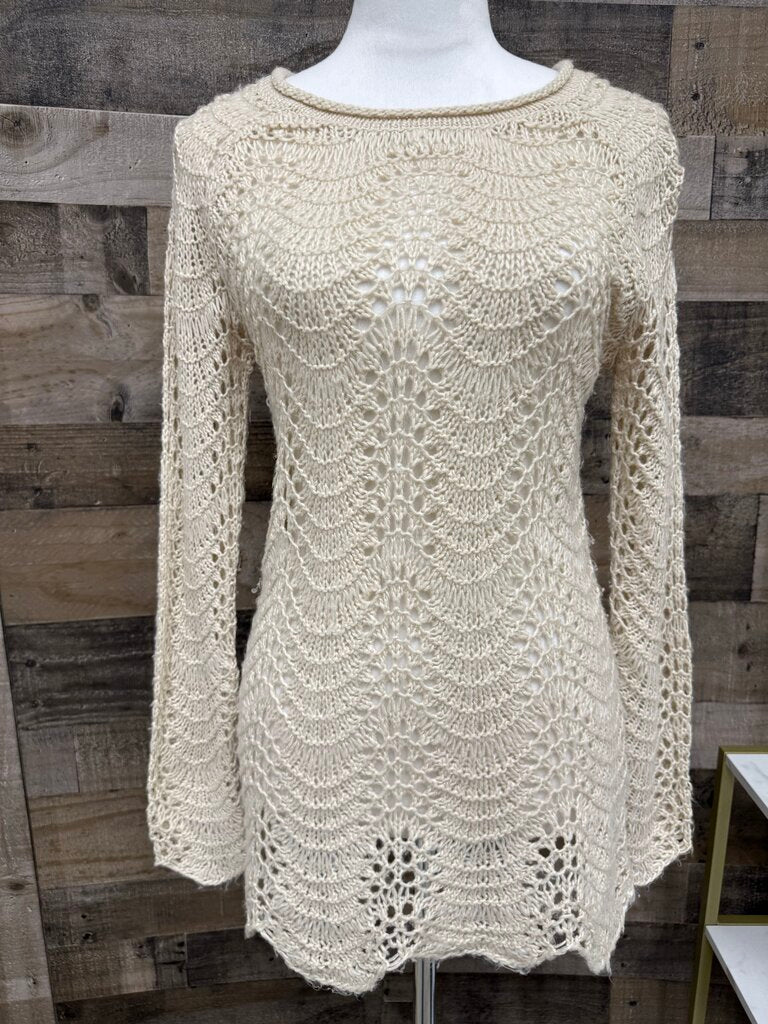 Mystree Cream Crochet Tunic Sweater