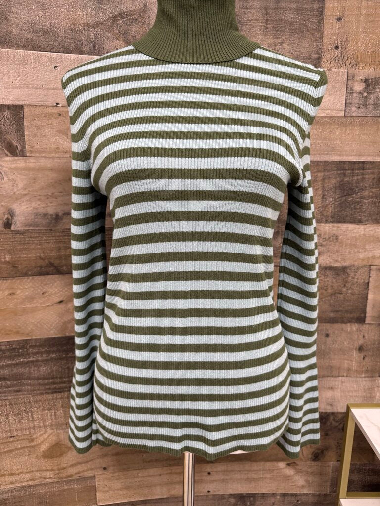 Anthro Moth Green & Lt. Blue Stripped Turtleneck