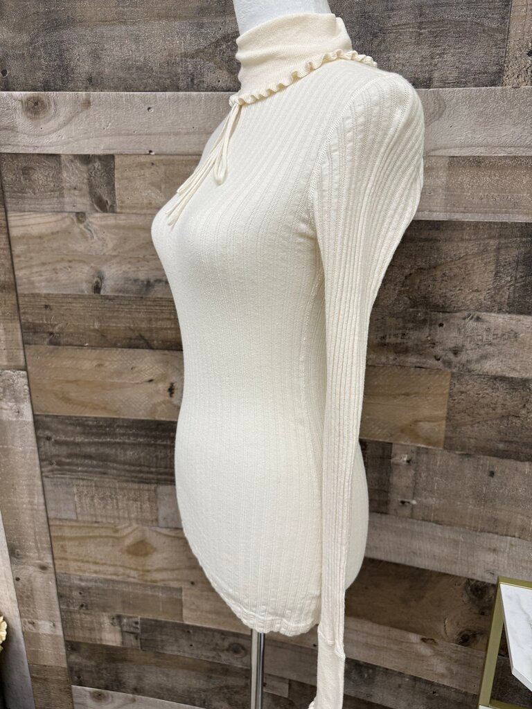 Free People Cream Ribbed Key Hole Turtleneck