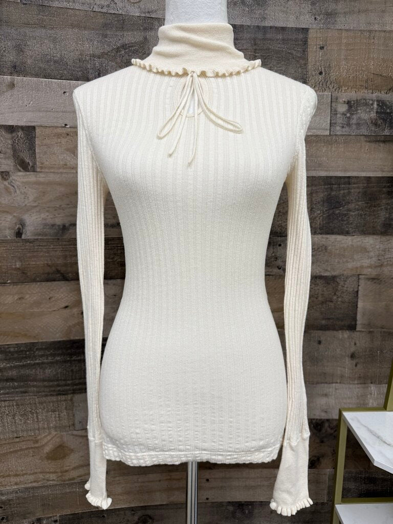 Free People Cream Ribbed Key Hole Turtleneck