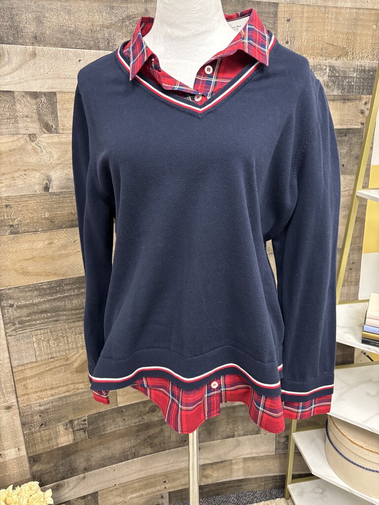 Tommy Hilfiger Navy Blue Sweater Faux Plaid