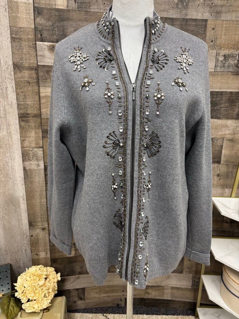 Chico's Grey Jewel Embellished Cardigan