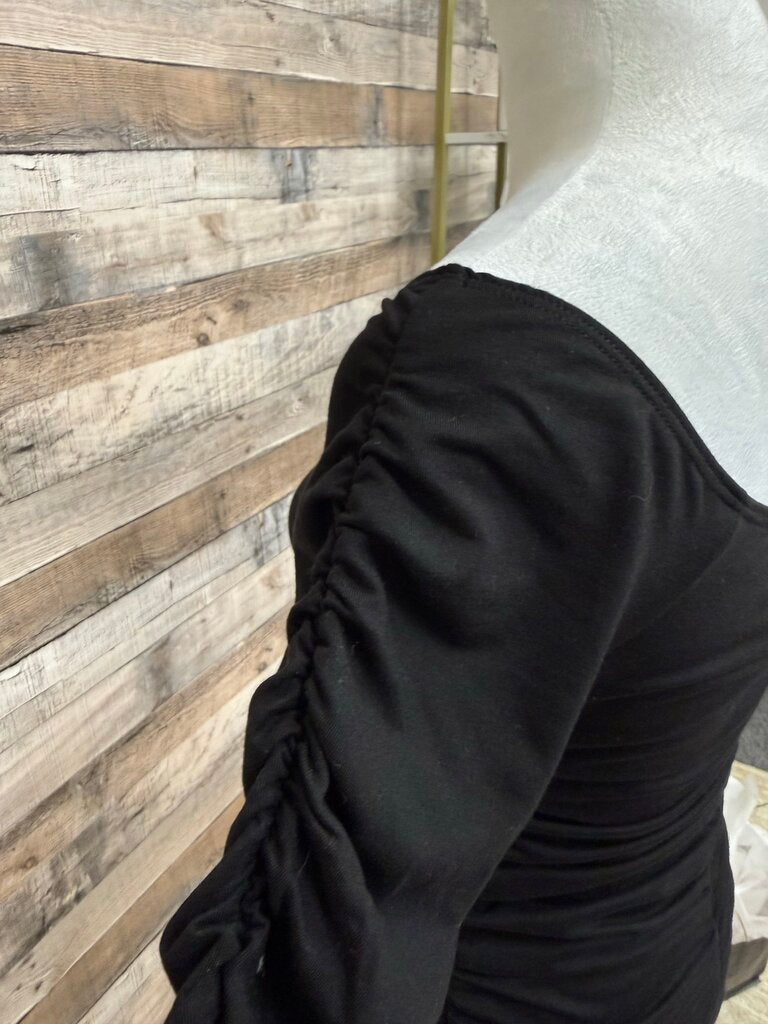 Reformation Black Ruched Long Sleeve V-Neck