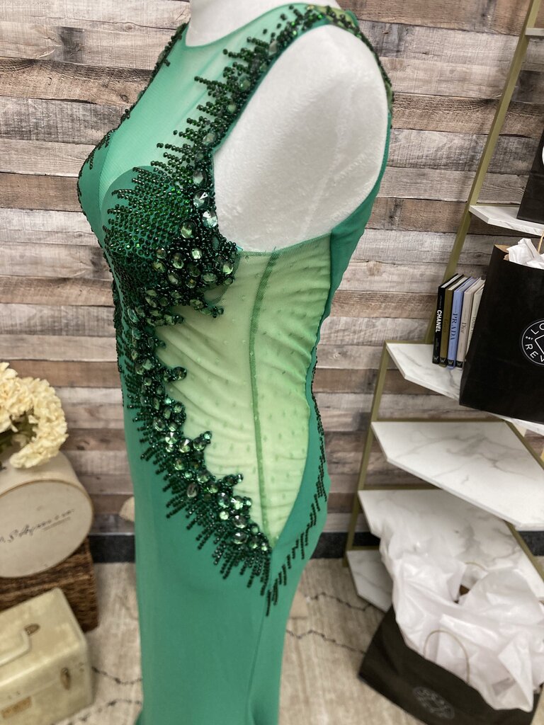Madison James Beaded Green Evening Gown