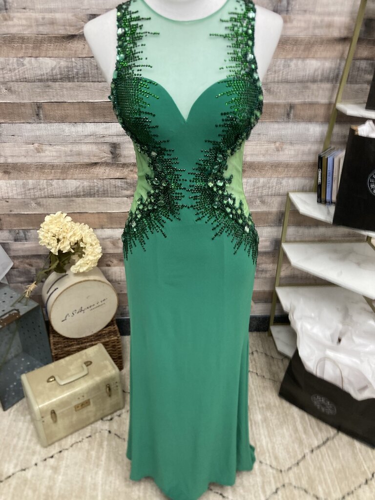 Madison James Beaded Green Evening Gown