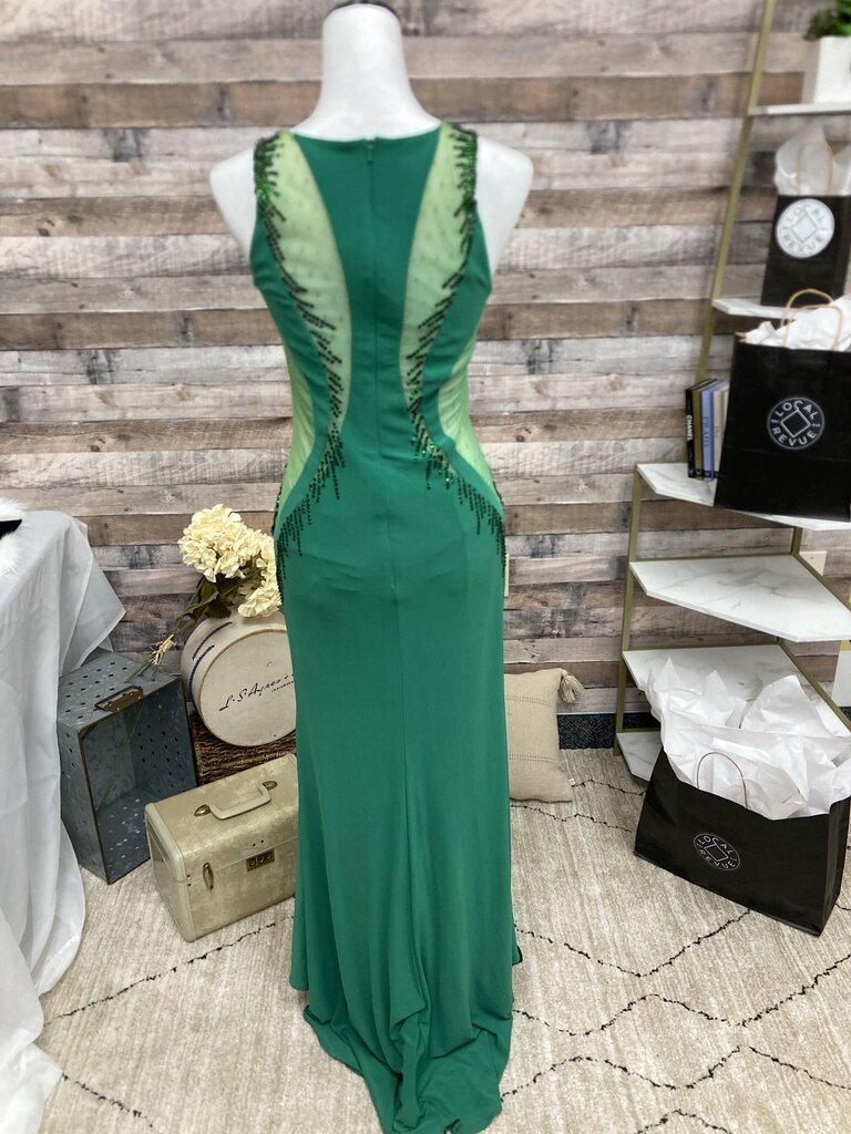 Madison James Beaded Green Evening Gown