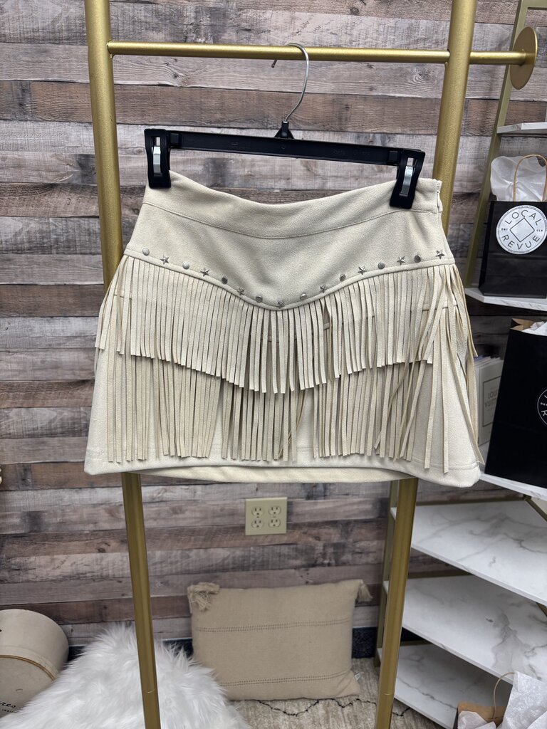 NWT Lelis Faux Suede Cream Mini Skirt w/Fringe