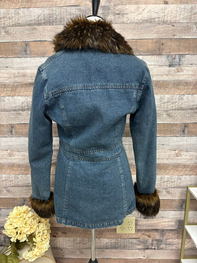 Giacca Gallery & Comp Denim Blazer Faux Fur Trim