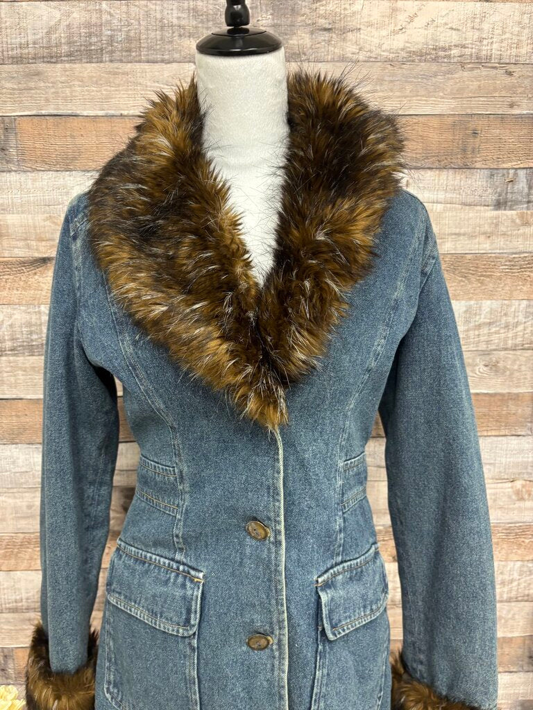 Giacca Gallery & Comp Denim Blazer Faux Fur Trim