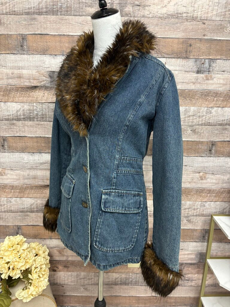 Giacca Gallery & Comp Denim Blazer Faux Fur Trim