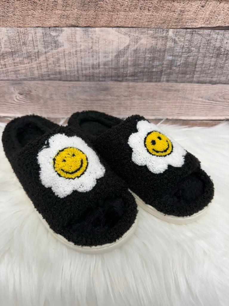 Smiley Face Flower Black Fuzzy Slippers