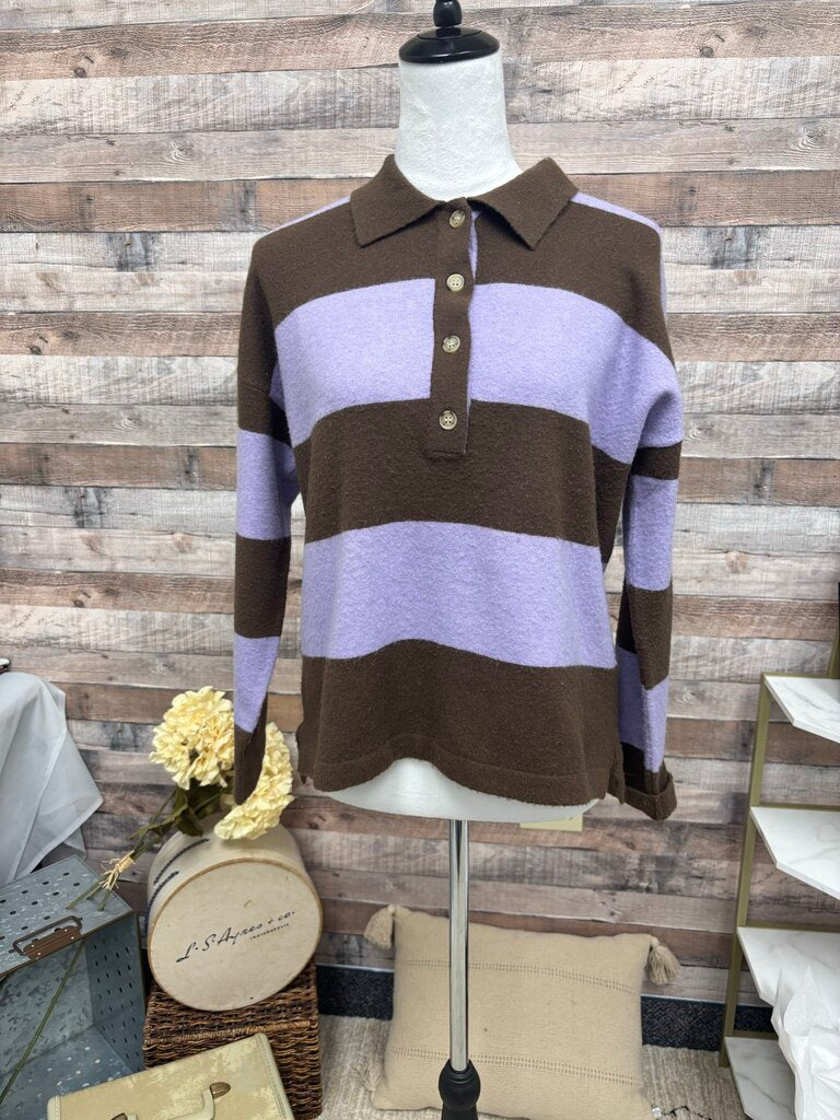 Maeve by Anthropologie Brown & Purple Rugby Polo Striped Sweater