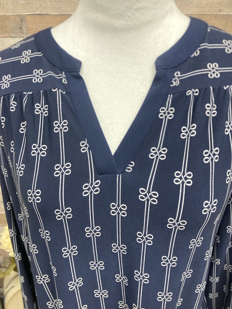 Charter Club Navy & White Print Split Neck