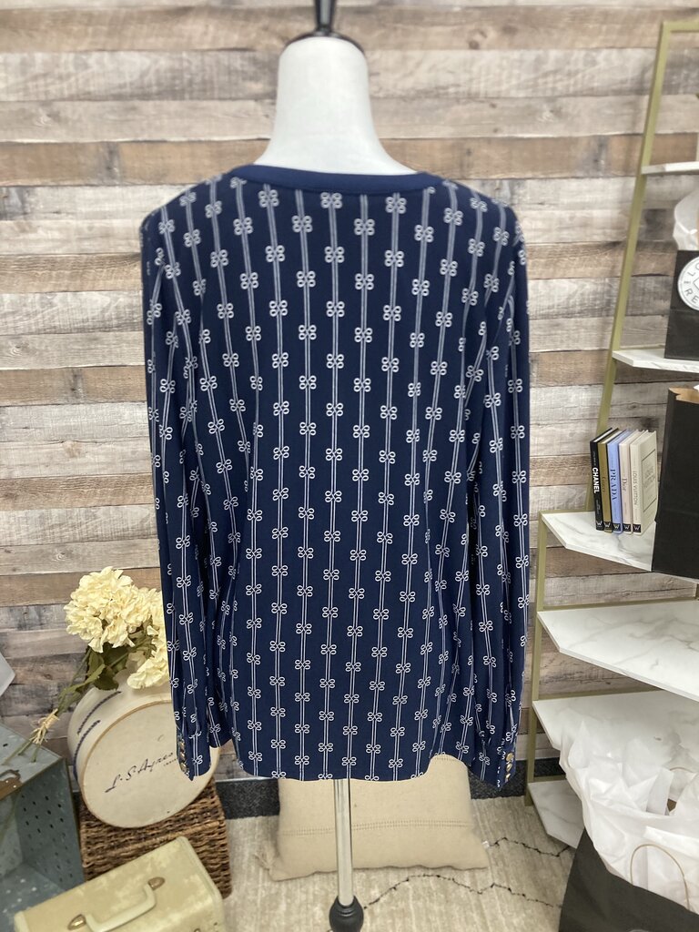 Charter Club Navy & White Print Split Neck