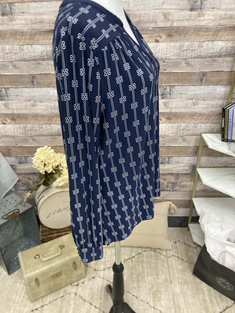 Charter Club Navy & White Print Split Neck