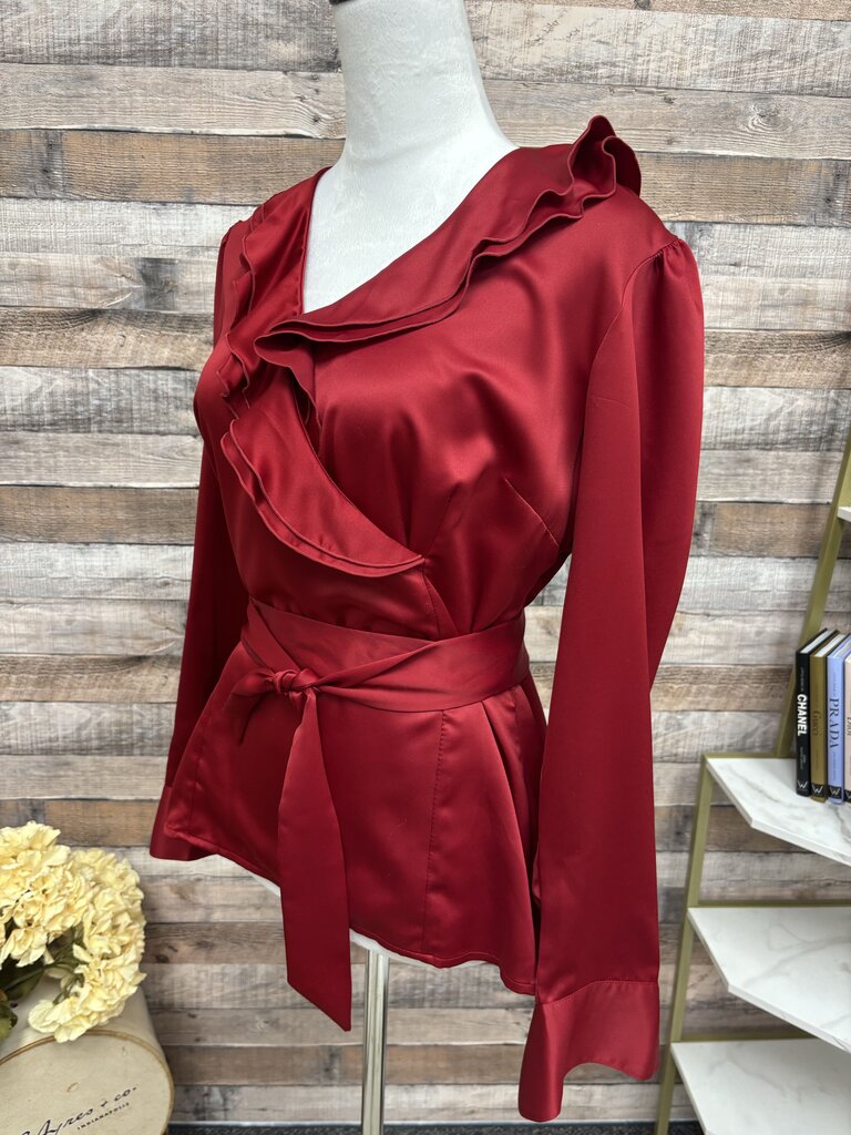 East 5th Red Ruffled V-Neck Long Sleeve Wrap Tie Blouse