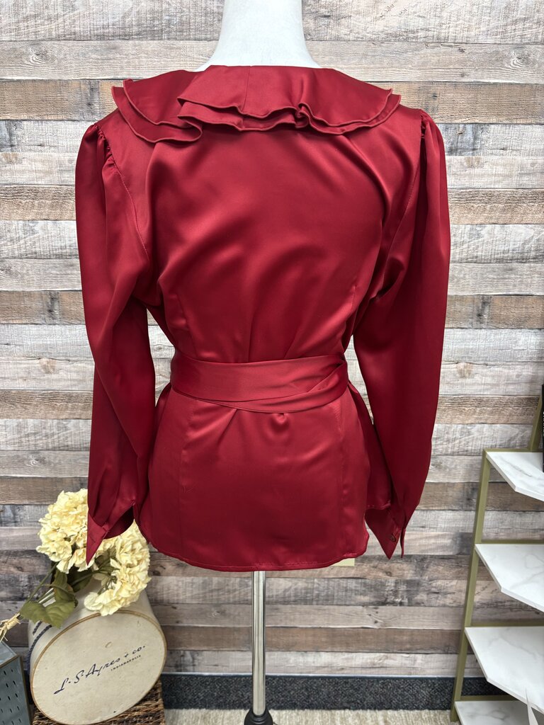 East 5th Red Ruffled V-Neck Long Sleeve Wrap Tie Blouse