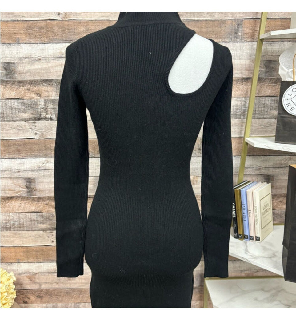 Simplee Black Ribbed Asymmetrical Shoulder Cutout Long-Sleeve Dress