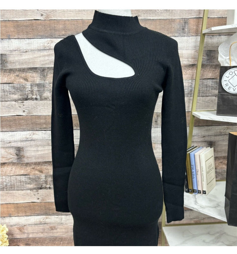 Simplee Black Ribbed Asymmetrical Shoulder Cutout Long-Sleeve Dress