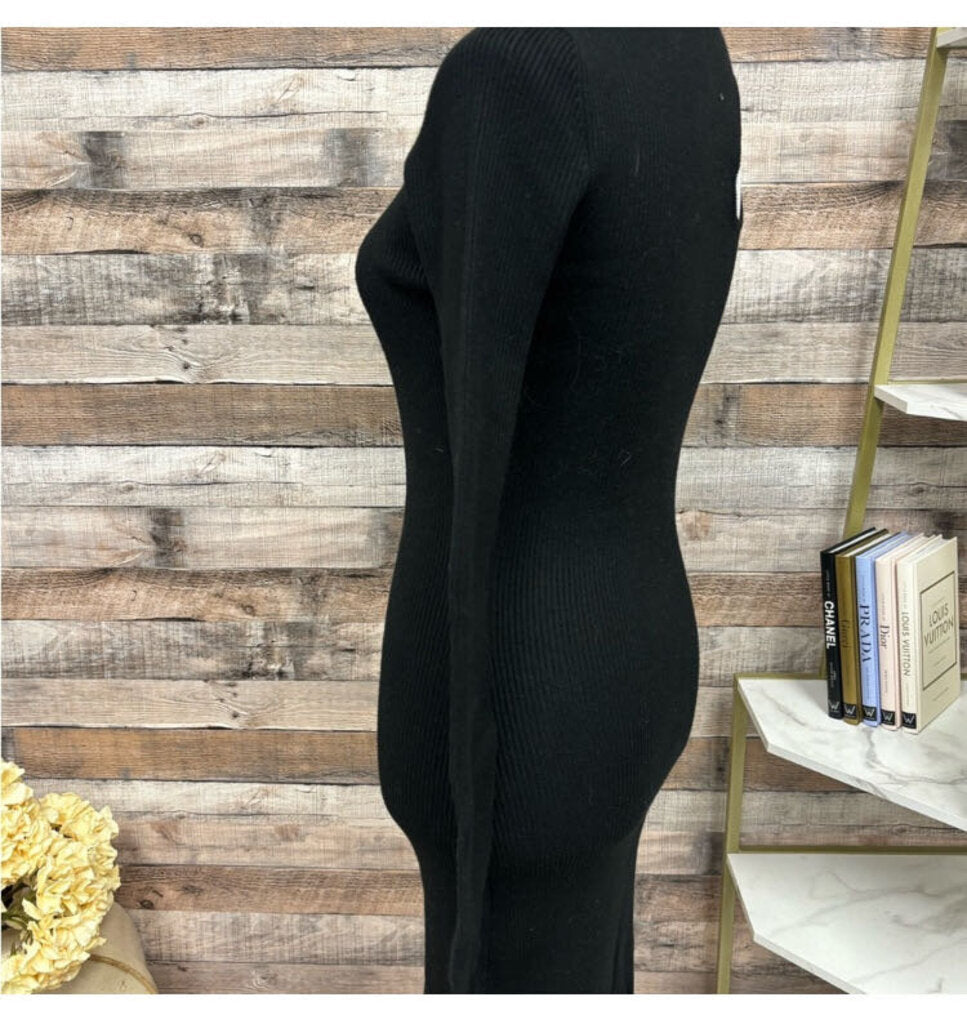 Simplee Black Ribbed Asymmetrical Shoulder Cutout Long-Sleeve Dress