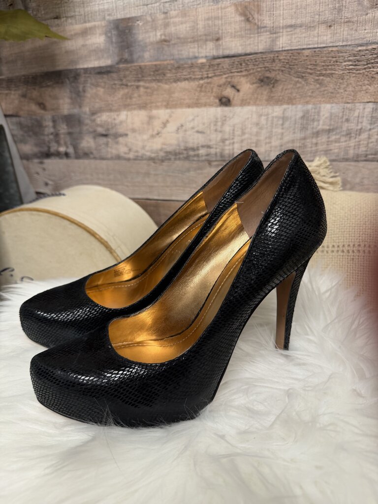 BCBGeneration Black Snakeskin Platform Pumps