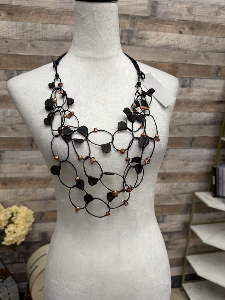 Sylca Black Leather & Shell Loop Necklace