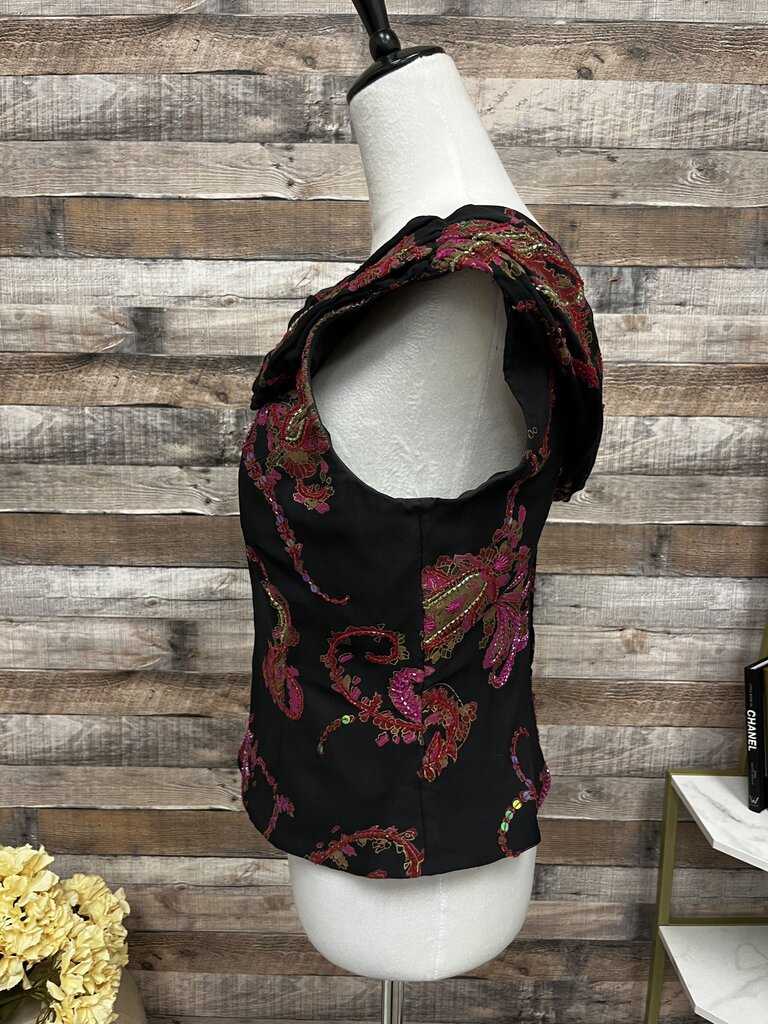 Andretta Donalello Black & Red Silk Beaded Cowl Neck Paisley