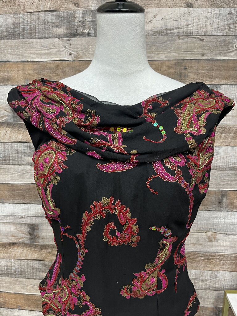 Andretta Donalello Black & Red Silk Beaded Cowl Neck Paisley