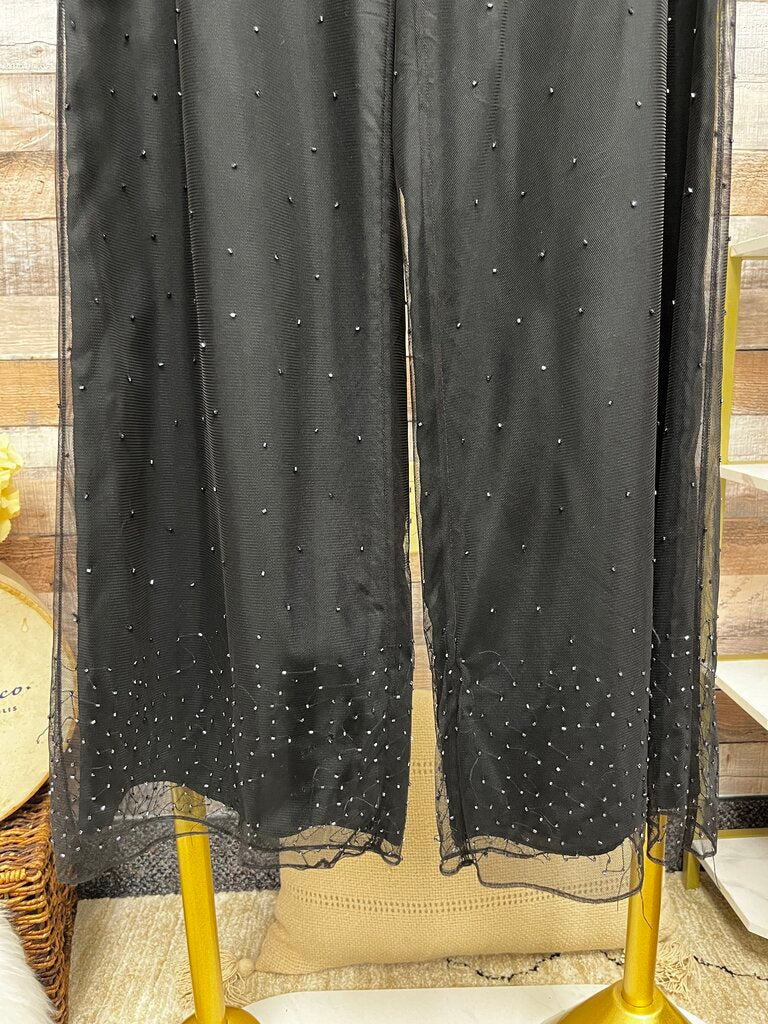 Ann Taylor Black Mesh Overlay & Rhinestone Pants