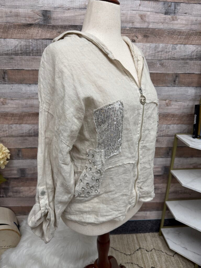 Linen Sequin & Rhinestone Embellished Zip-up Hoodie