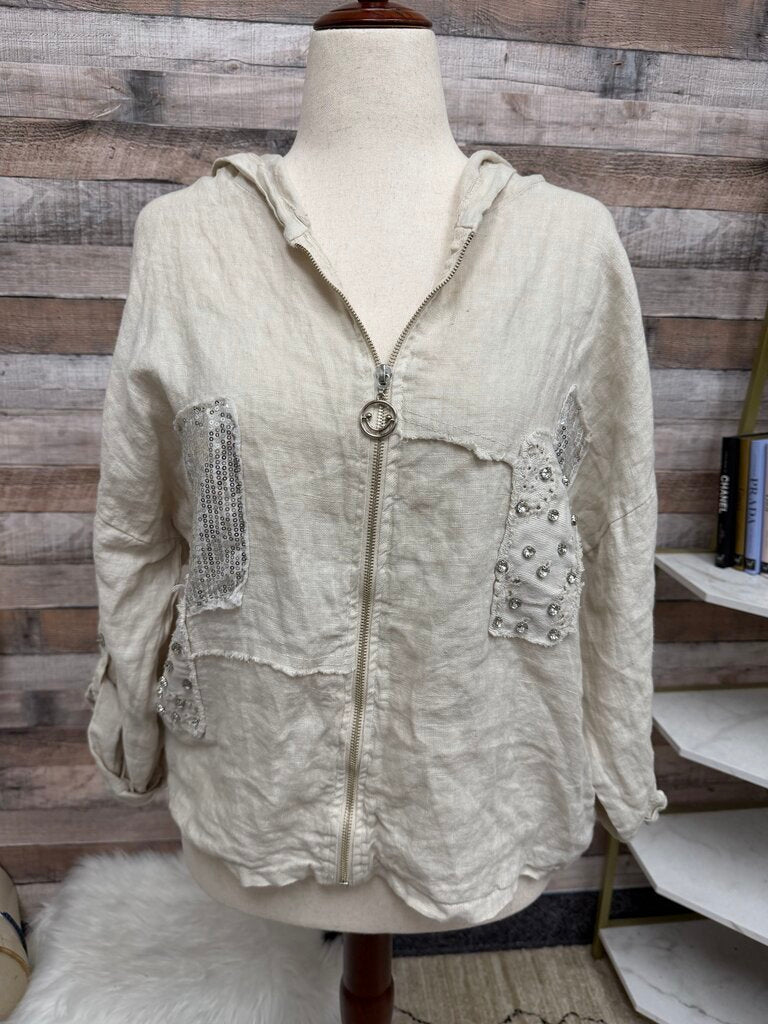 Linen Sequin & Rhinestone Embellished Zip-up Hoodie