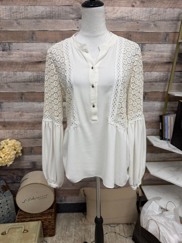 Twelfth Street by Cynthia Vincent White Long Sleeve Lace Detail Blouse