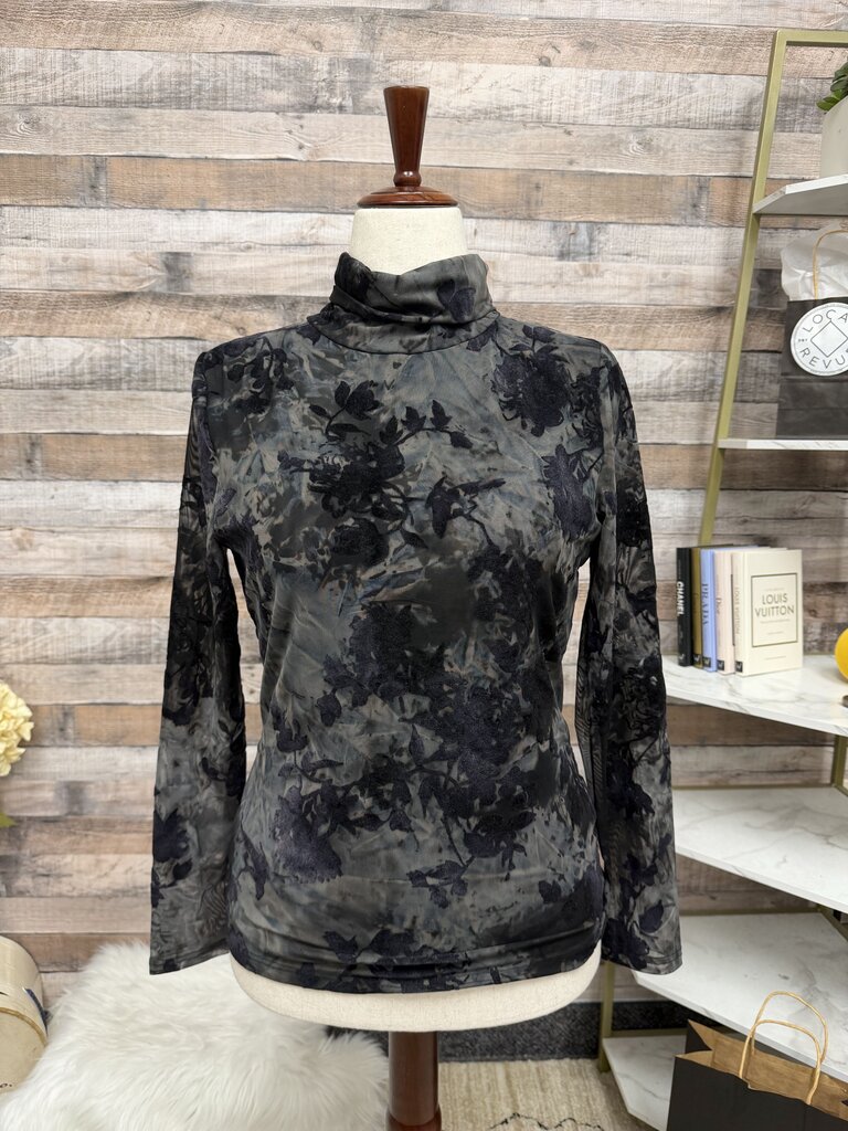 Adore Black Velvet Floral Pattern Mock Neck Long Sleeve Mesh Top