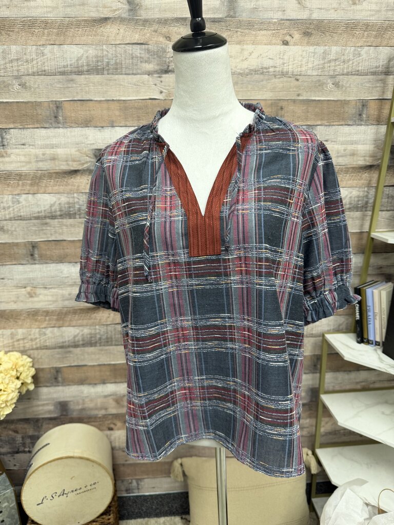 THML Plaid Ruffled Bell Sleeve V-Neck Blouse
