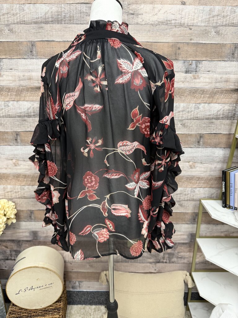 Chico's Black Floral Sheer Ruffled Long-Sleeve Top