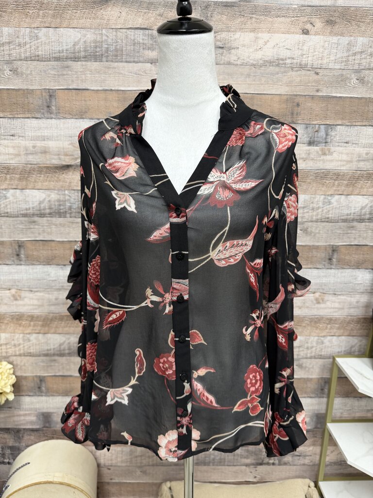 Chico's Black Floral Sheer Ruffled Long-Sleeve Top