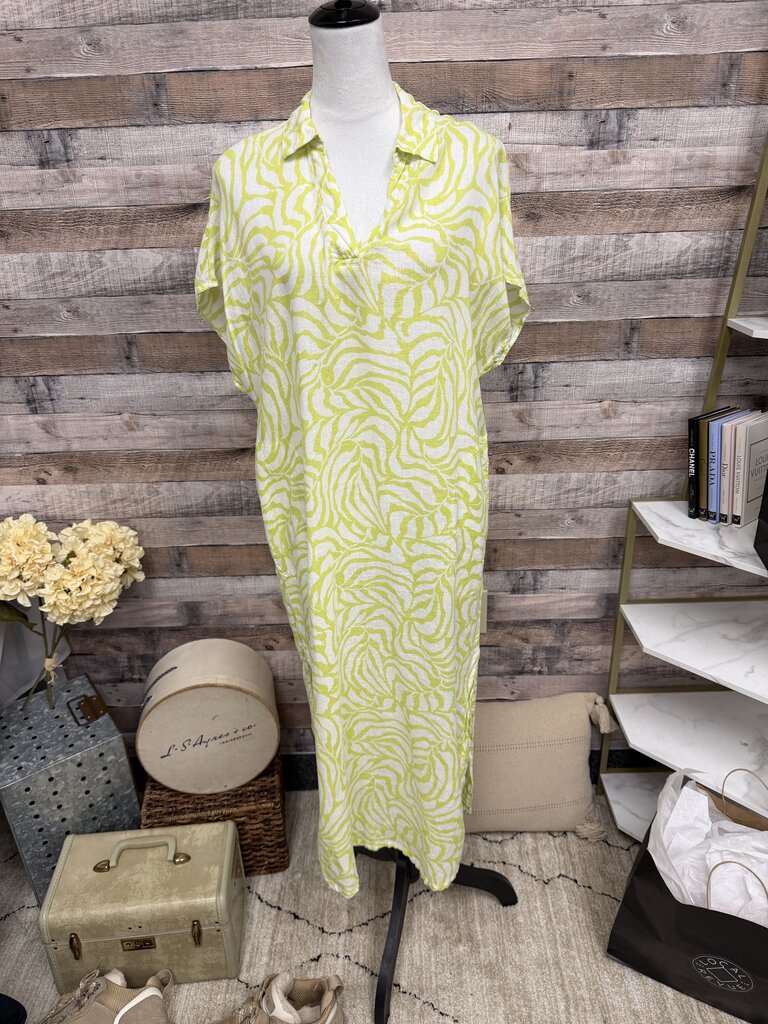 Tahari White & Lime Green Patterned Sheer Kaftan Dress