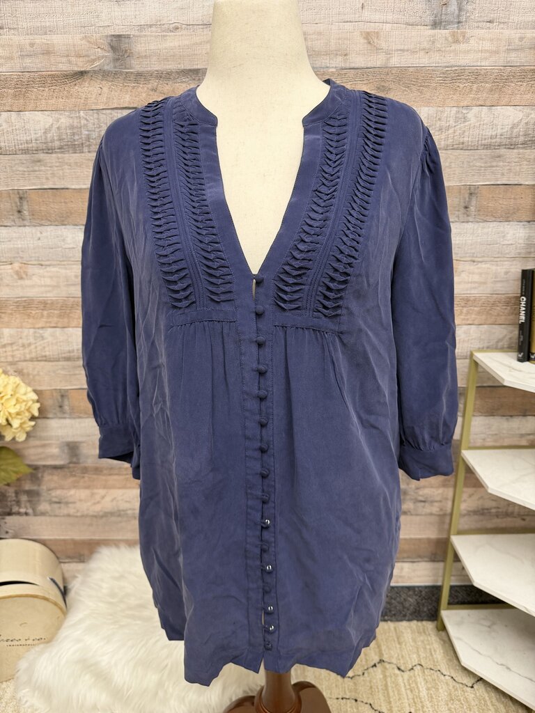 Joie Navy Blue Quarter-Sleeve V-Neck Button Blouse