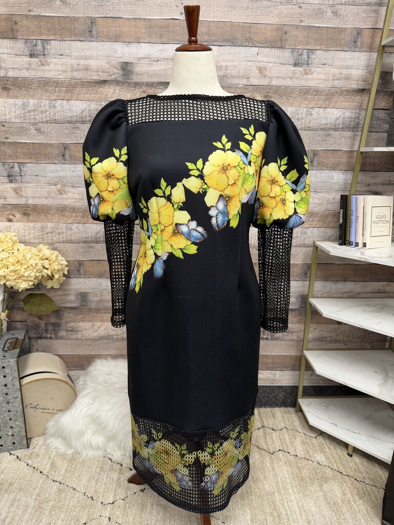 For Her NYC Black Floral Mesh Sleeve Dress