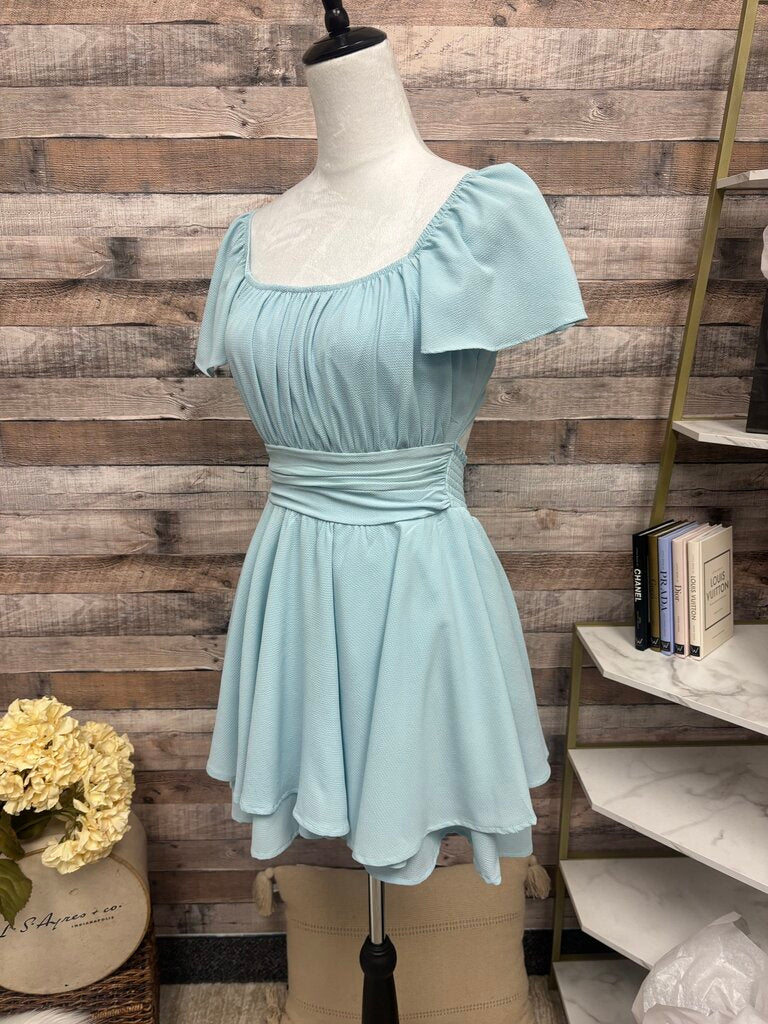 Exlura Baby Blue Off Shoulder Layered Hem
