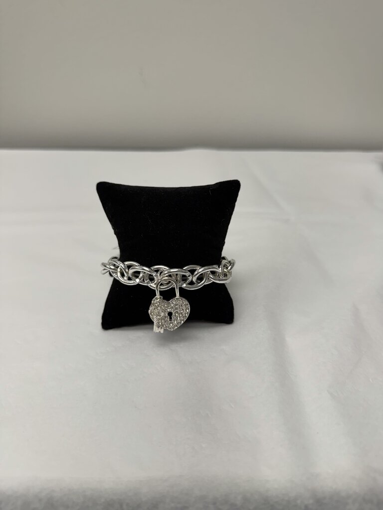 Silver Chuncky Chain Bracelet w/Rhinestone Heart Lock & Key