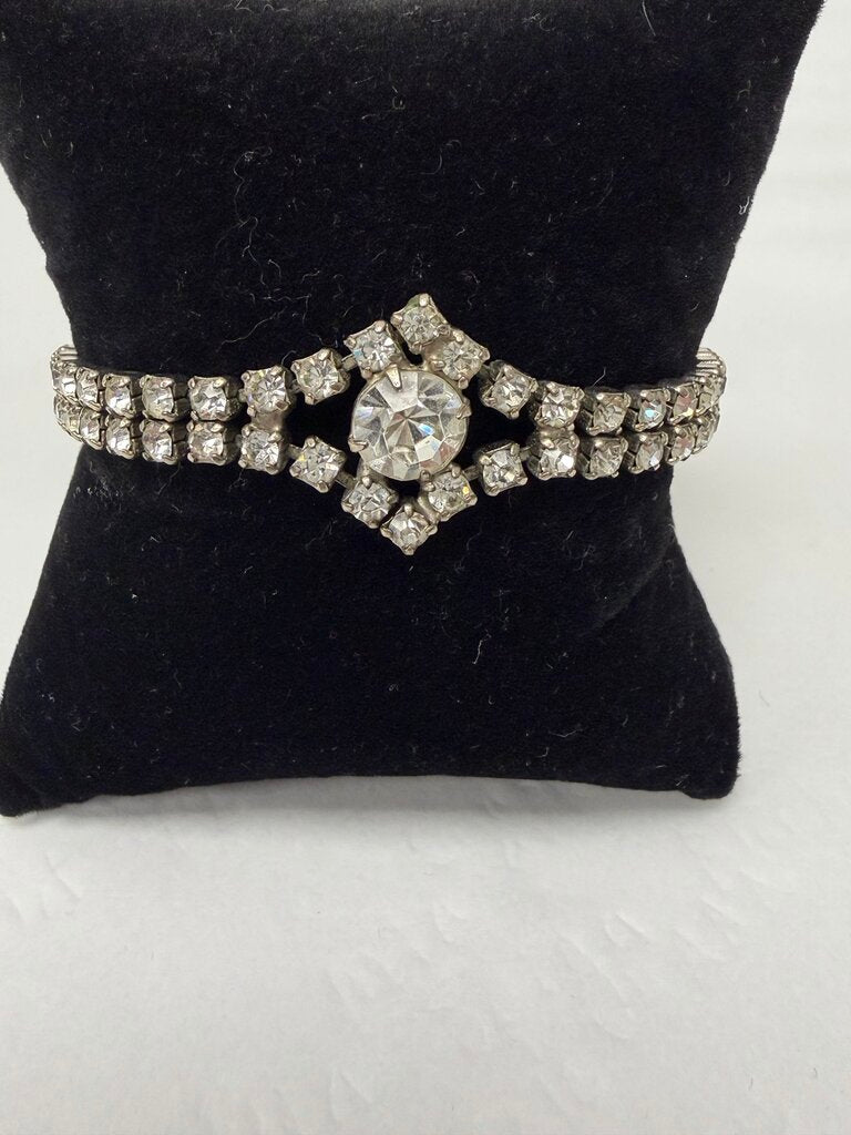 Silver & Rhinestone 2 Strand w/Single Round Center Bracelet